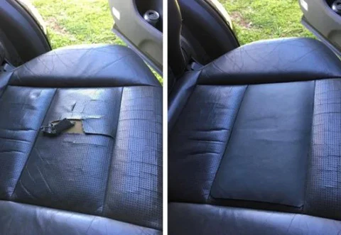 Avant et après utilisation du patch en cuir auto-adésif