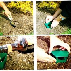 Guide d'utilisation du piège à limaces, montrant l'installation facile dans un jardin