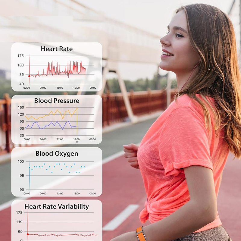 Vue de face du bracelet connecté femme en acier inoxydable posé sur un fond blanc