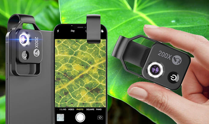 Vue rapprochée en grossissement 200× obtenue avec le microscope NanoZoom pour smartphone.