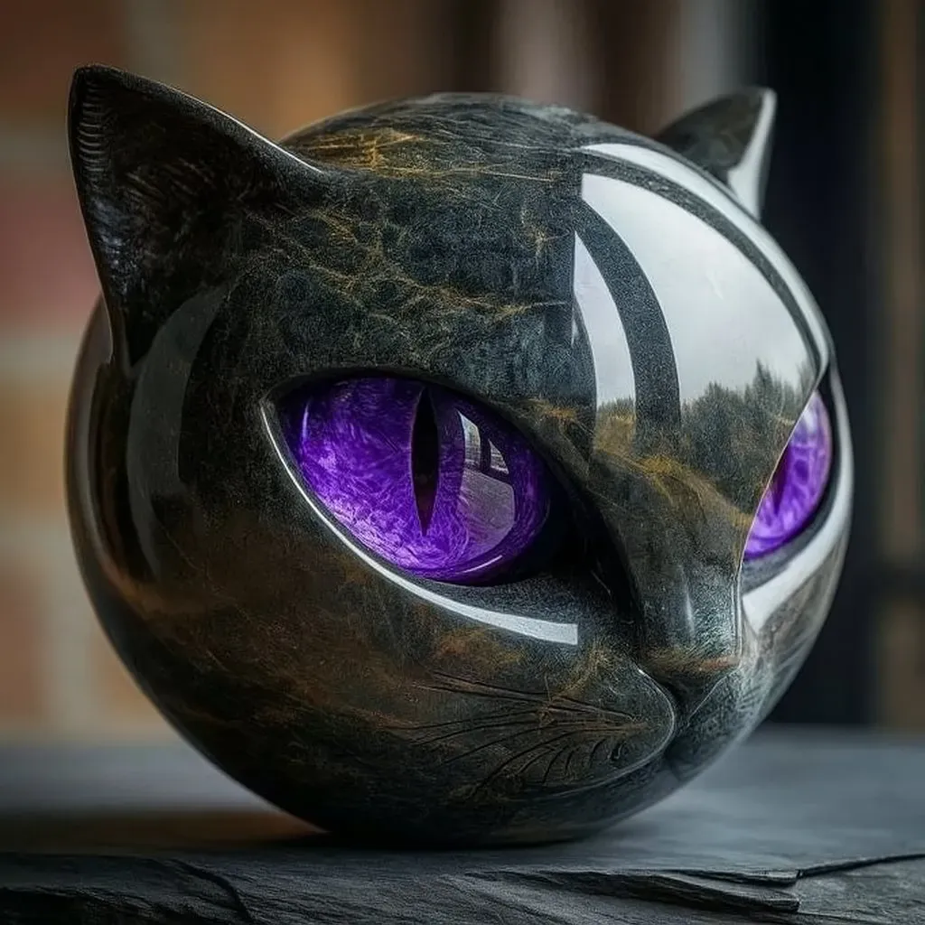 Figurine artisanale chat noir finition pierre polie réaliste
