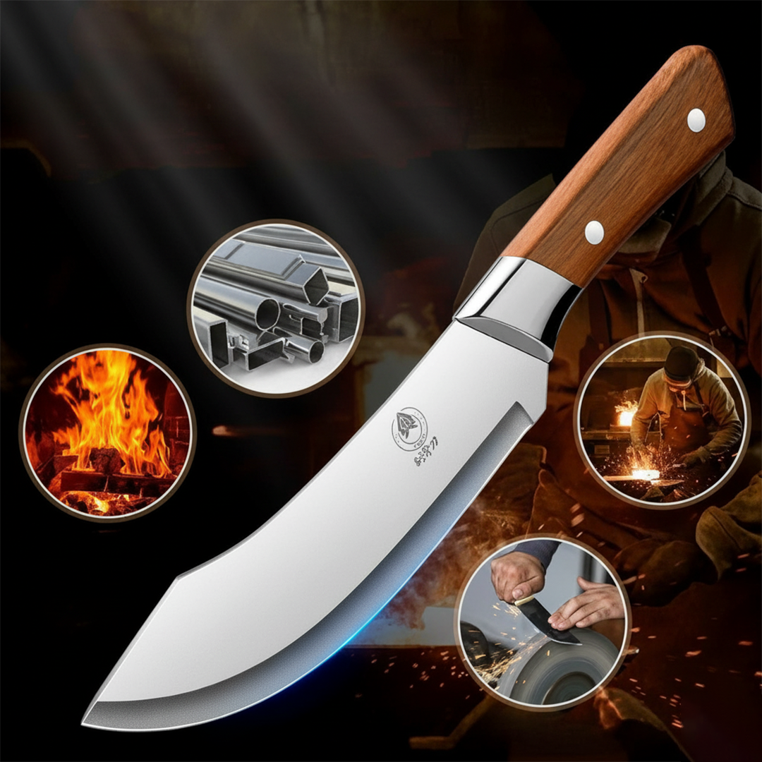 Vue d'ensemble du couteau en acier inoxydable posé sur une planche en bois