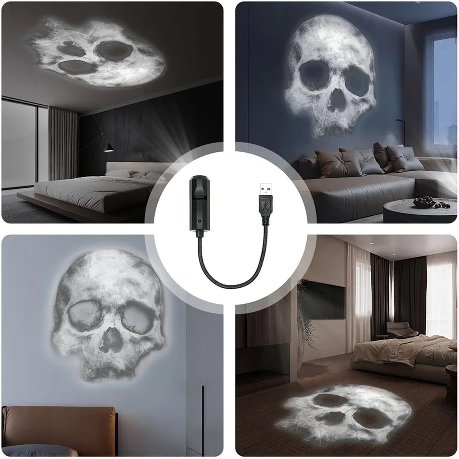 Lampe d’Halloween rotative USB projetant des ombres de têtes de mort et citrouilles sur le mur