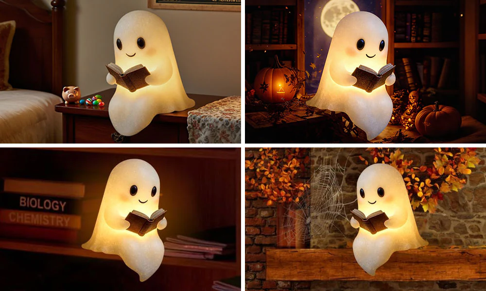 Vue de face de la lampe fantôme allumée sur une étagère.