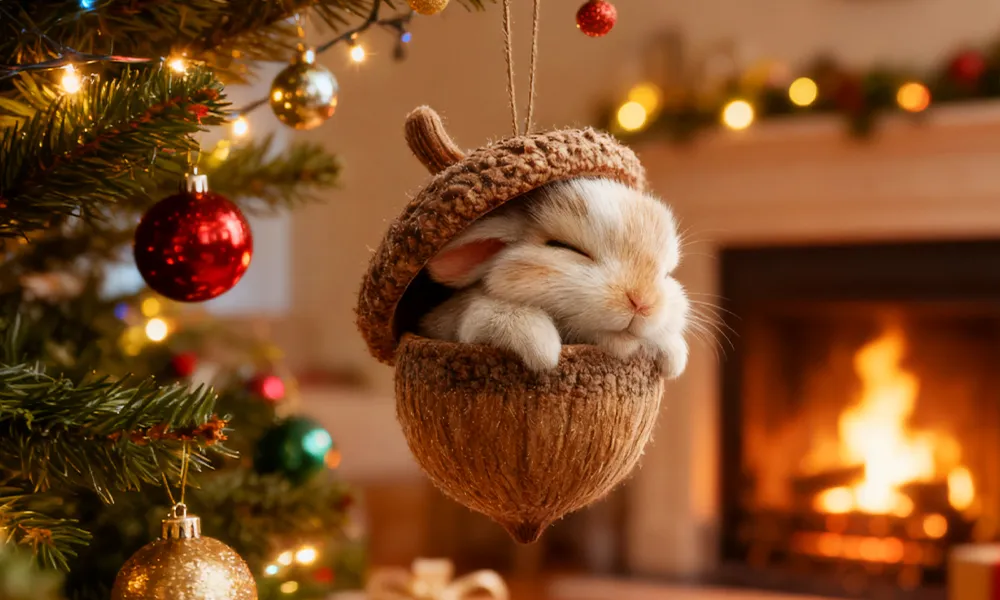 Vue d’ensemble de plusieurs ornements animaux suspendus au sapin.