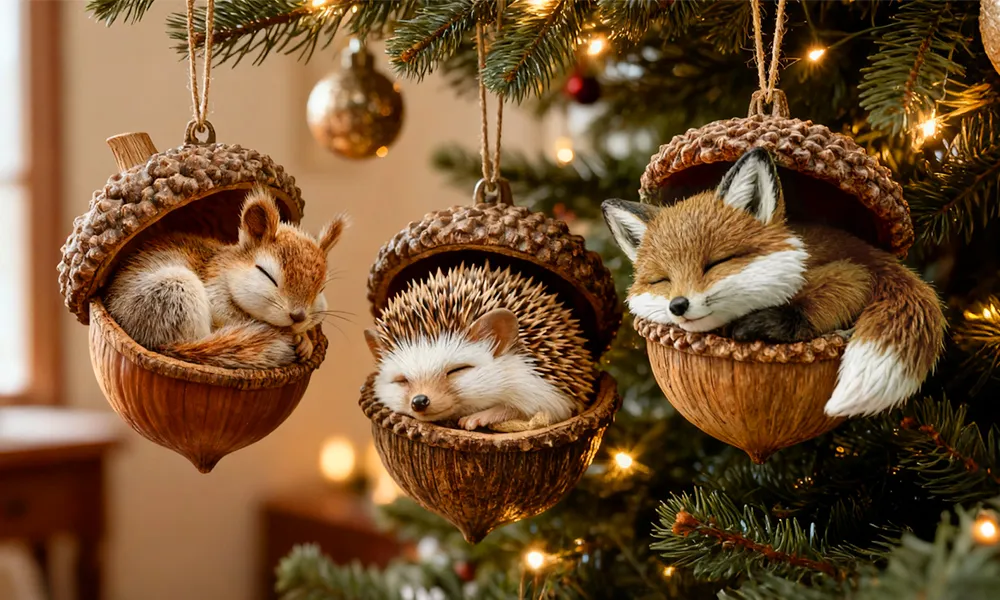 Un hérisson endormi dans une coquille de gland sur fond de neige.