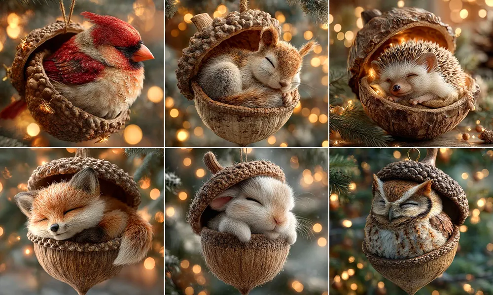 Un écureuil dessiné en acrylique blotti dans sa coquille suspendue.