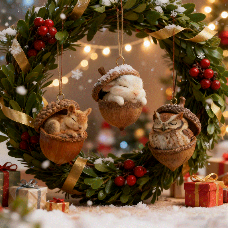 Un renard illustré endormi dans une coquille de gland, suspendu à une branche de sapin.