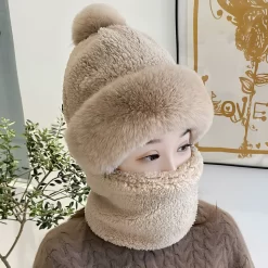 Bonnet écharpe coupe-vent pour femme - kaki