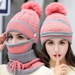 Ensemble d'hiver bonnet + écharpe femme - Rose