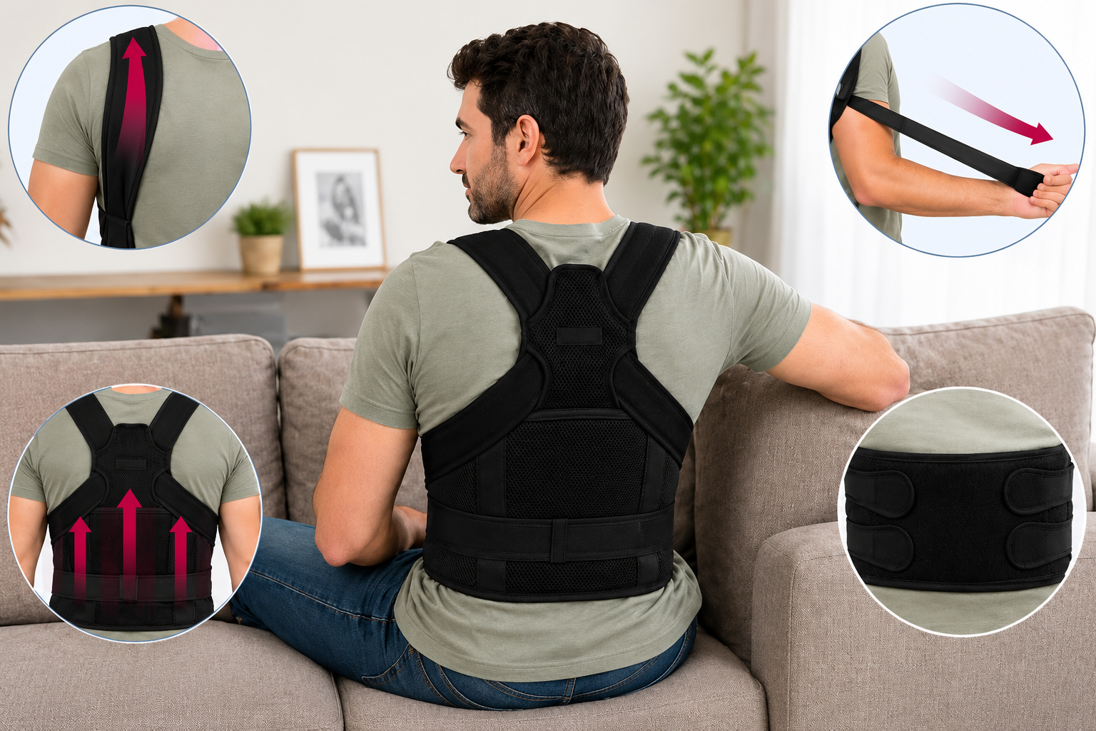 Correcteur de posture porté discrètement sous un vêtement.